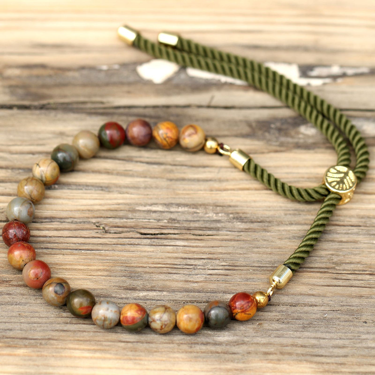 Bracciale Moss con Cordino e Gemma Placcato Oro 18K - Diaspro Picasso