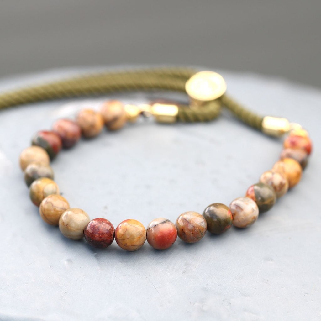Bracciale Moss con Cordino e Gemma Placcato Oro 18K - Diaspro Picasso