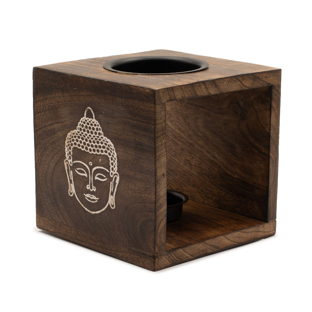 Bruciaessenze Grande Quadrato in Legno di Mango - Volto di Buddha
