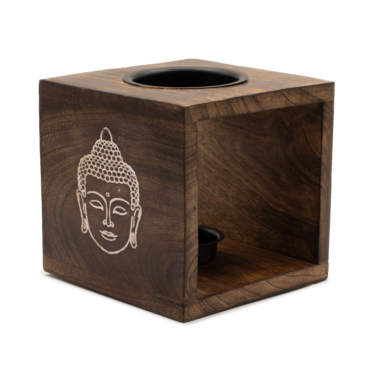 Bruciaessenze Grande Quadrato in Legno di Mango - Volto di Buddha