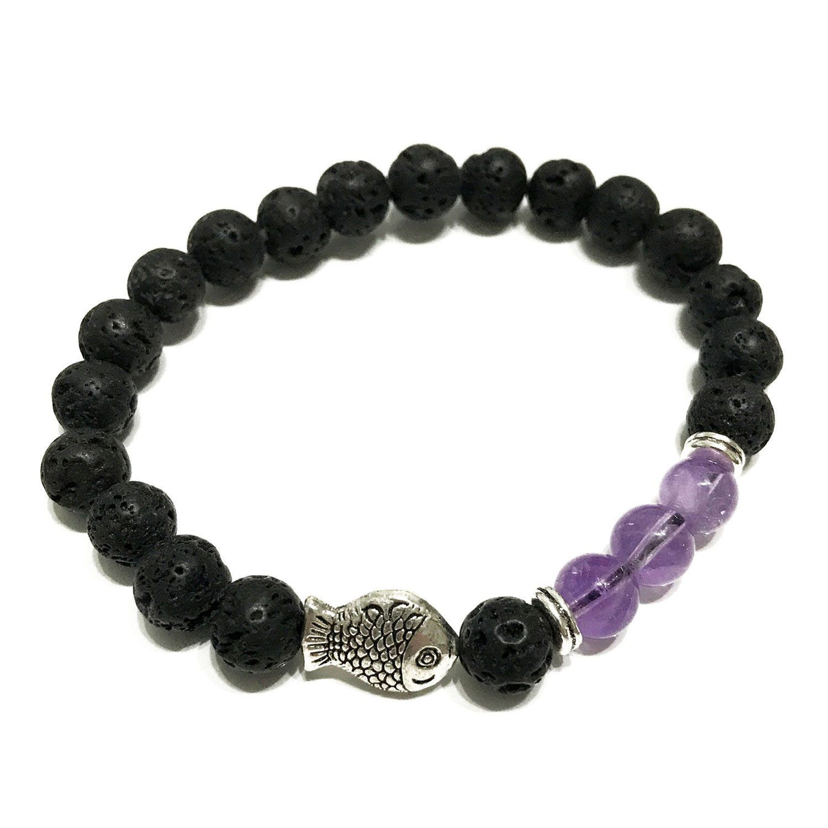 Bracciale in Pietra Lavica - Pesce e Ametista