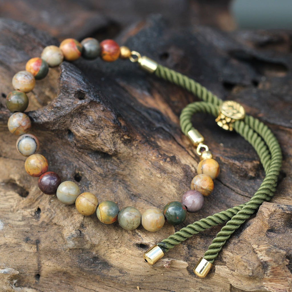 Bracciale Moss con Cordino e Gemma Placcato Oro 18K - Diaspro Picasso