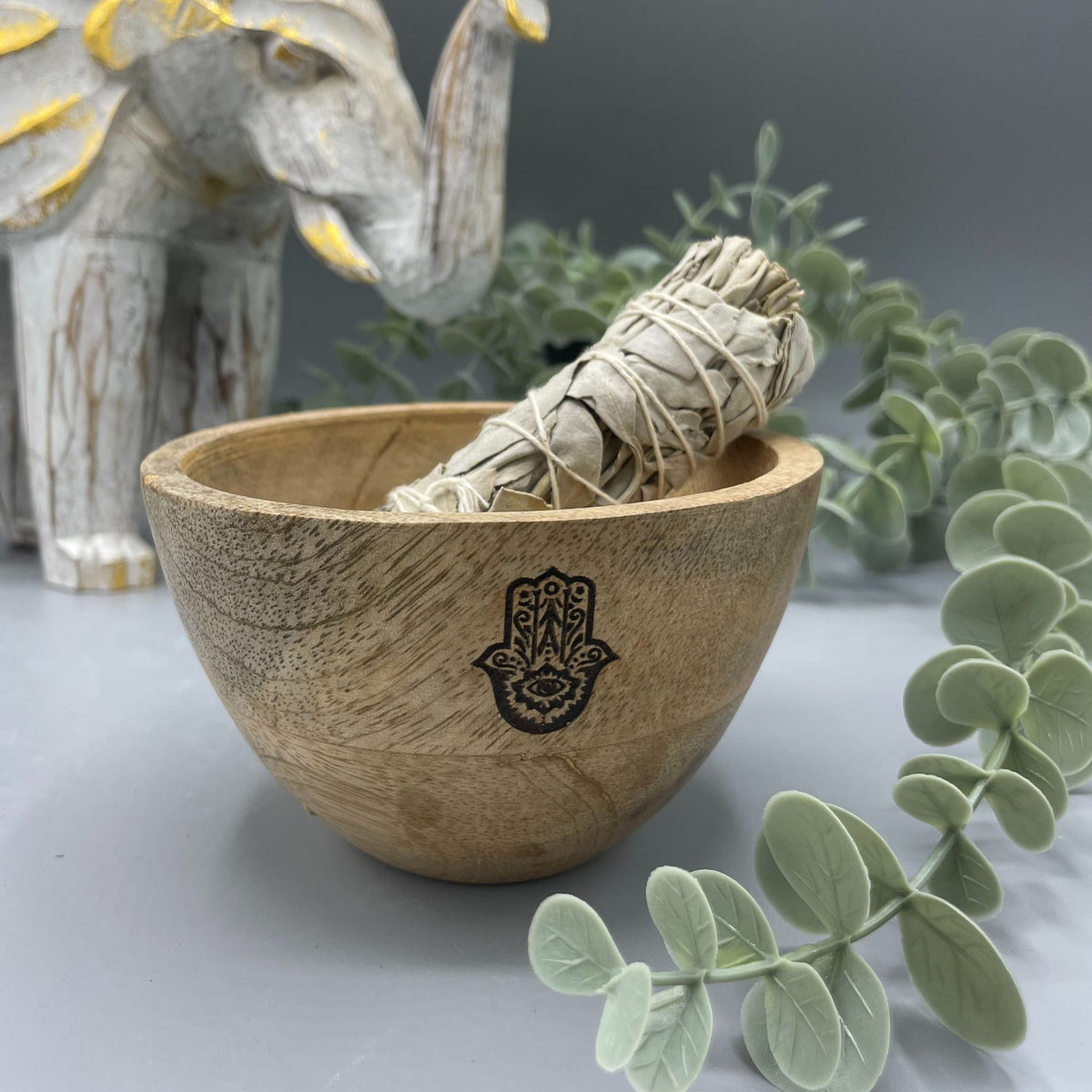Ciotola in Legno per Smudge e Offerte Rituali - Hamsa - 12x7cm