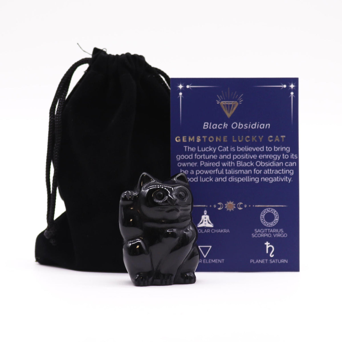 Gatto Portafortuna in Ossidiana Nera - 50 × 35 × 25 mm