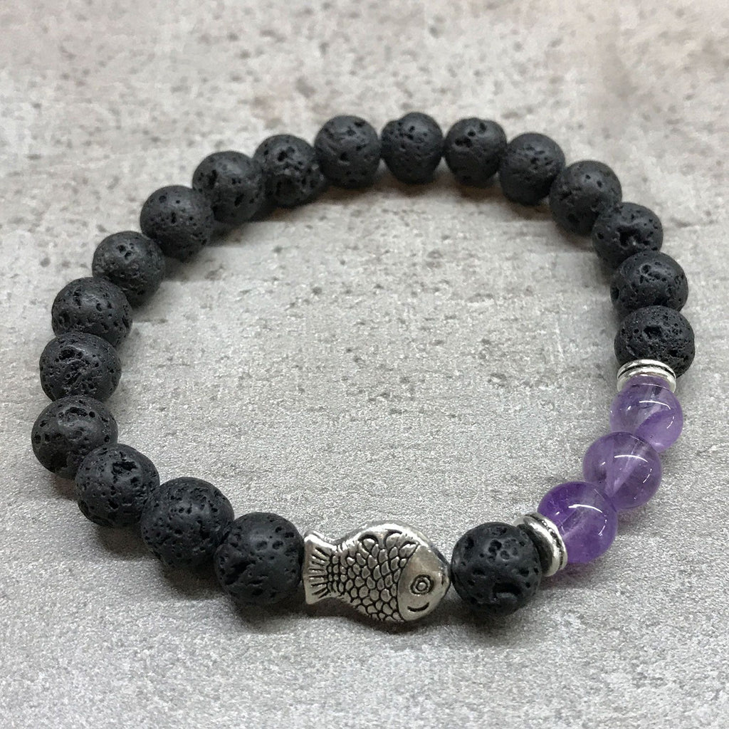 Bracciale in Pietra Lavica - Pesce e Ametista