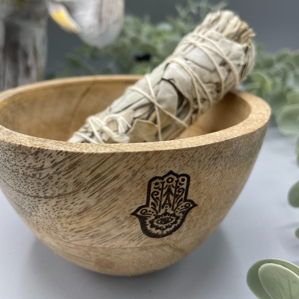 Ciotola in Legno per Smudge e Offerte Rituali - Hamsa - 12x7cm