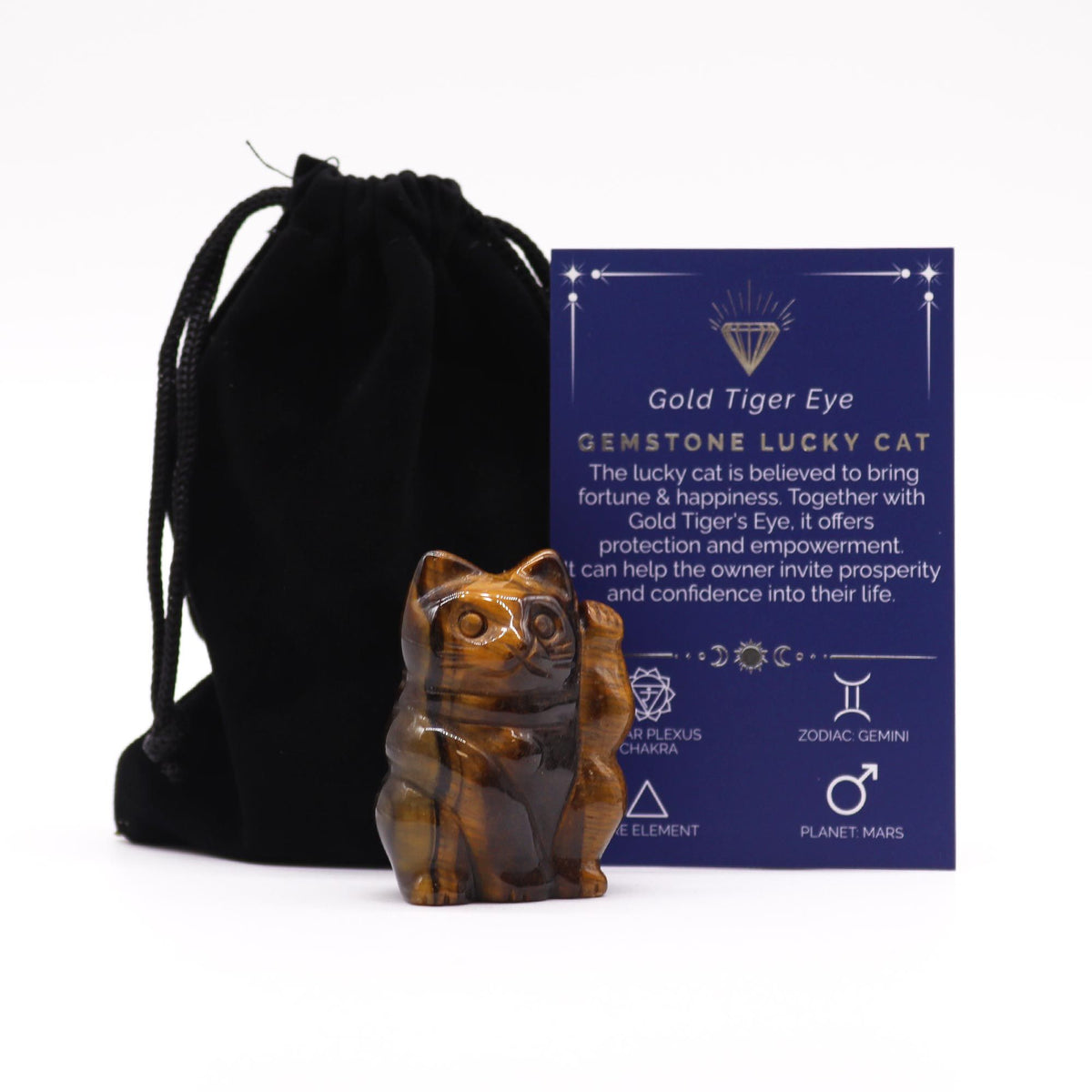 Gatto Portafortuna in Occhio di Tigre Dorato - 50 × 35 × 25 mm