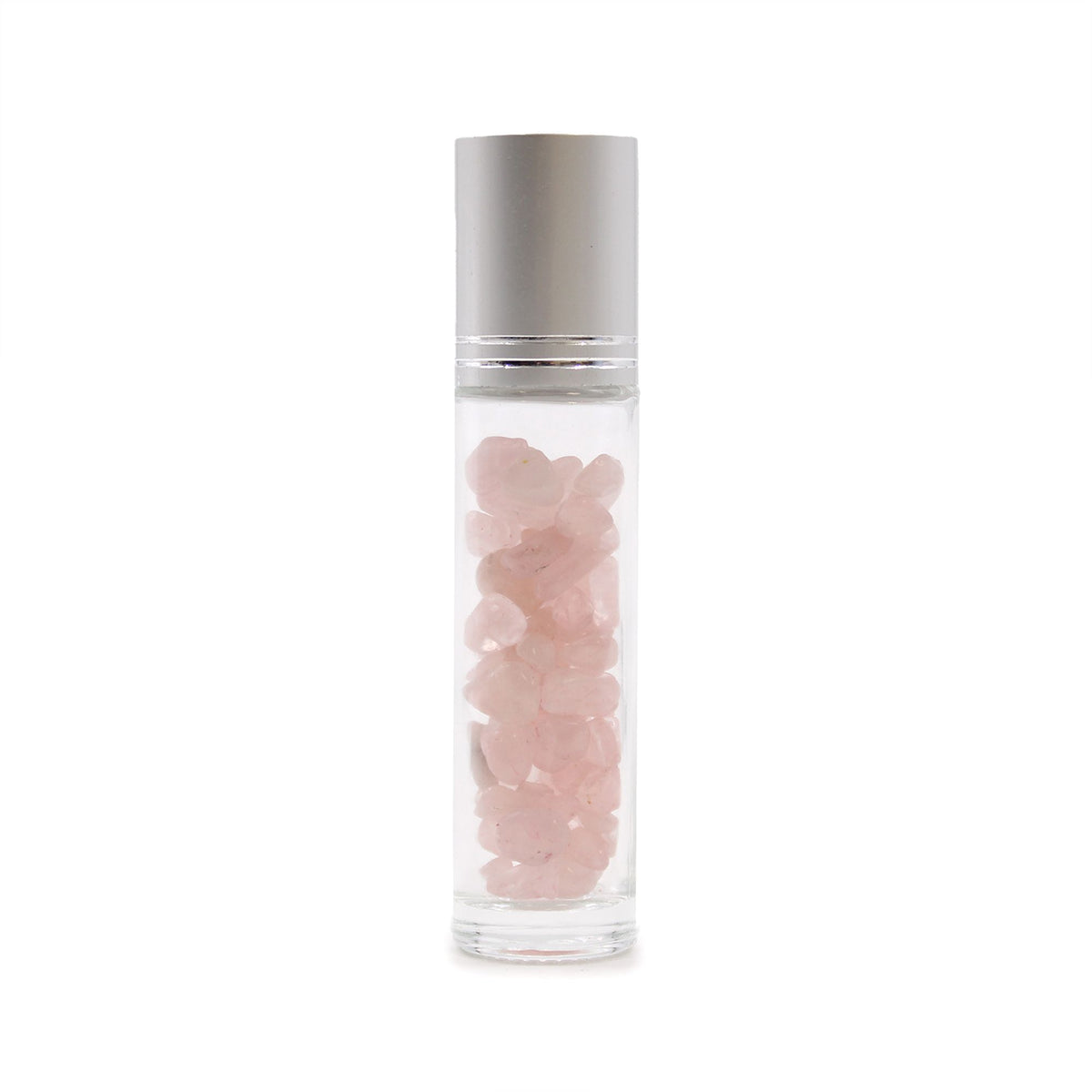 Flacone Roller per Oli Essenziali con Gemma - Quarzo Rosa - Tappo Argento + Punta Roller in Gemma per Flacone 5ml