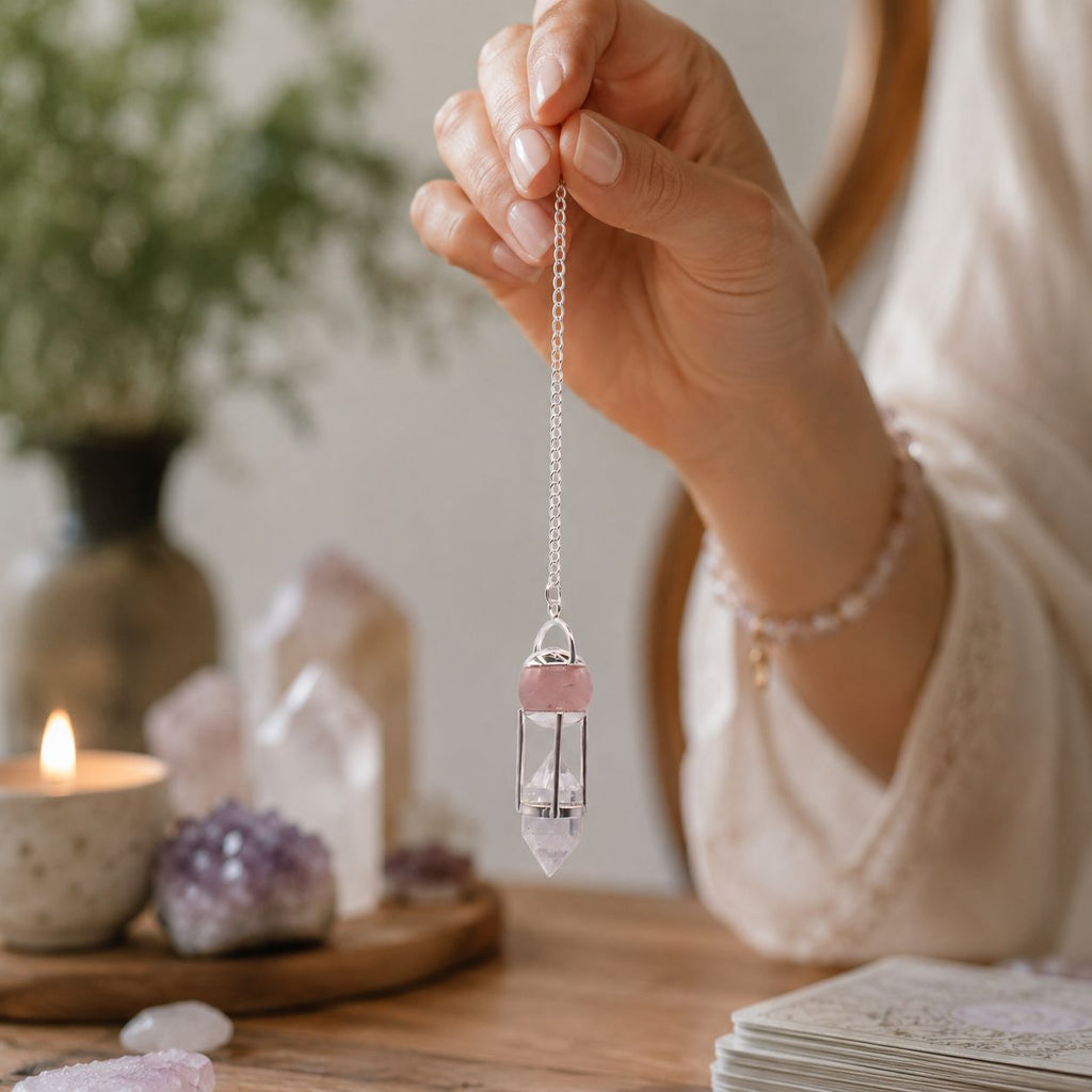 Il Sussurro del Cuore - Pendolo con Sfera in Quarzo Rosa e Quarzo Ialino Biterminato