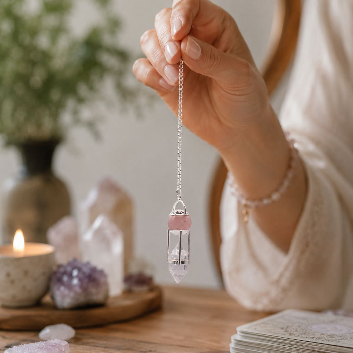Il Sussurro del Cuore - Pendolo con Sfera in Quarzo Rosa e Quarzo Ialino Biterminato