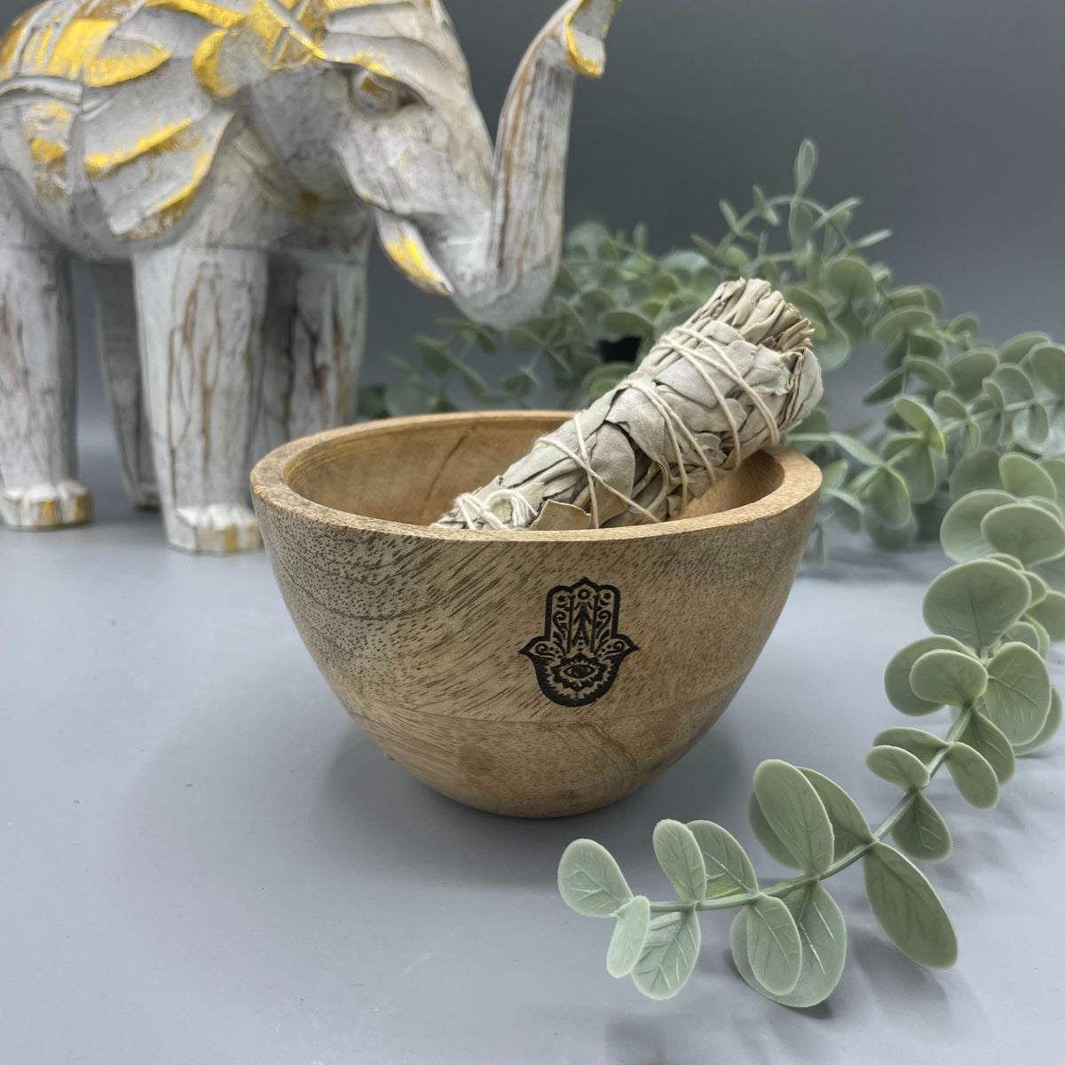 Ciotola in Legno per Smudge e Offerte Rituali - Hamsa - 12x7cm