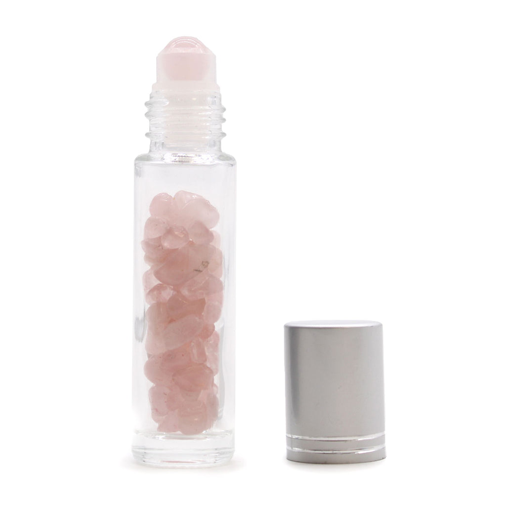 Flacone Roller per Oli Essenziali con Gemma - Quarzo Rosa - Tappo Argento + Punta Roller in Gemma per Flacone 5ml