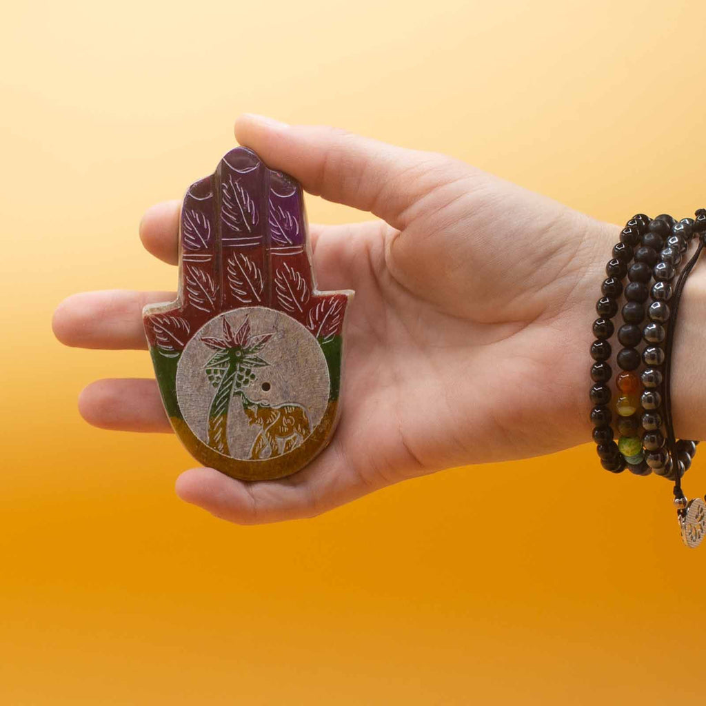 Portaincenso Hamsa in Pietra Saponaria - Elefante e Palma, 9 x 6 cm