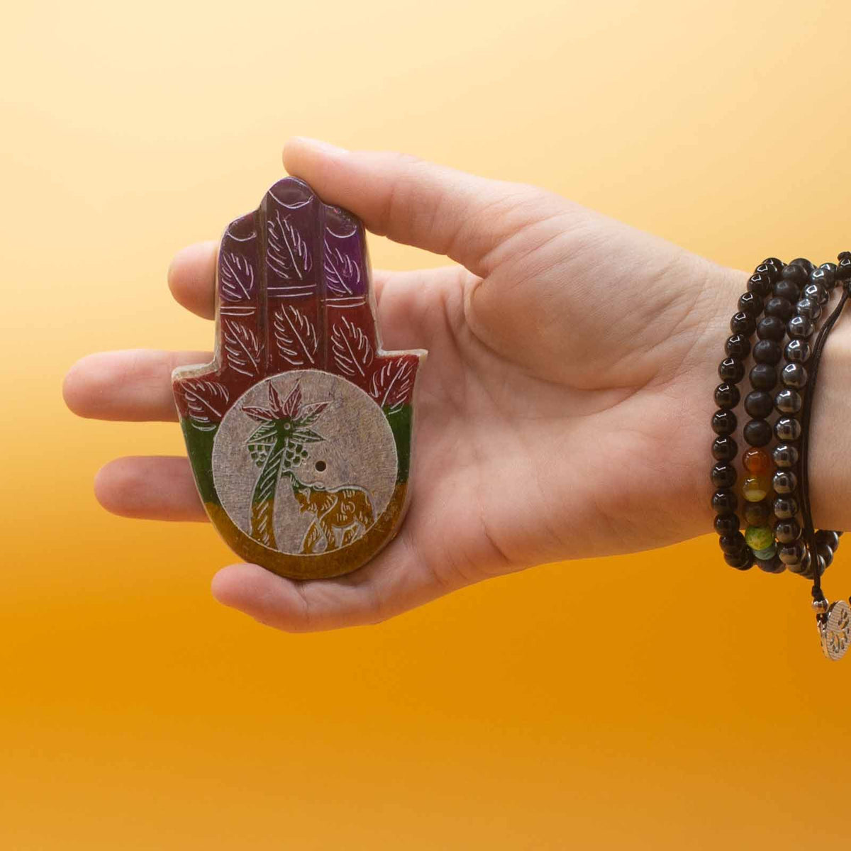 Portaincenso Hamsa in Pietra Saponaria - Elefante e Palma, 9 x 6 cm