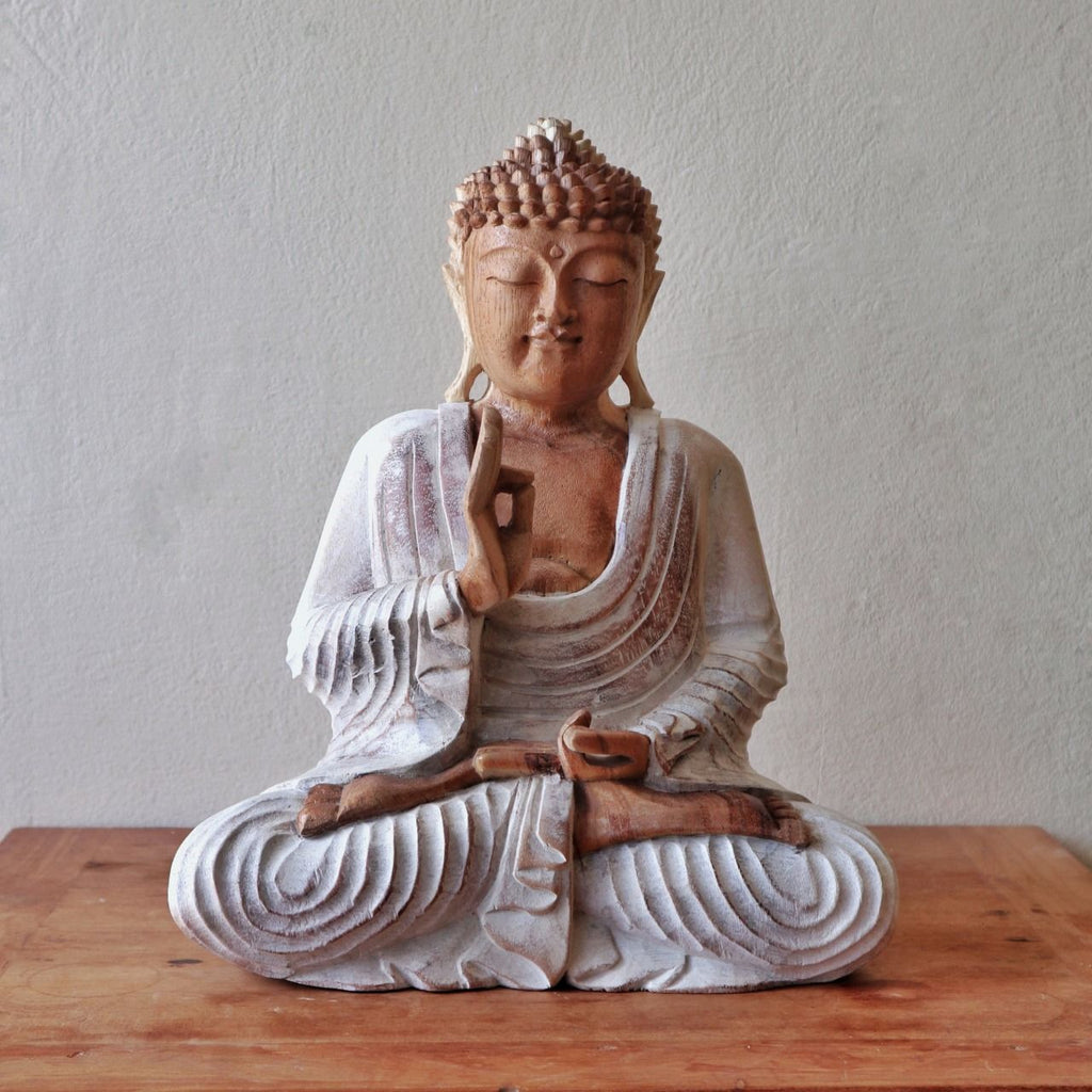 Statua Buddha Scolpita a Mano - 30cm Trasmissione dell'Insegnamento - Whitewash