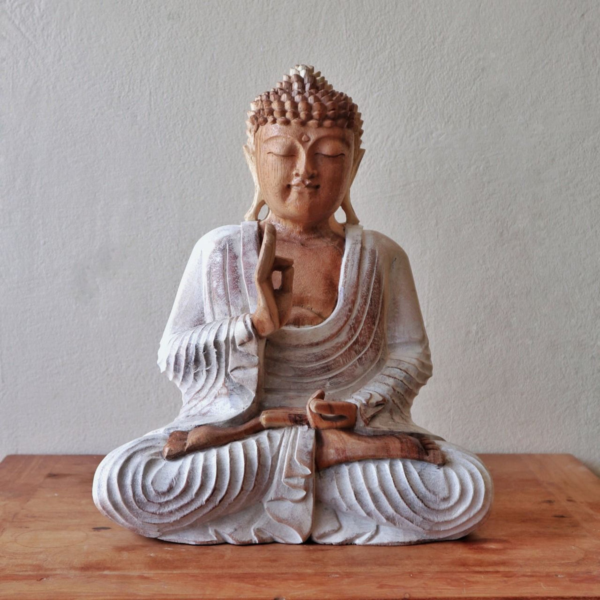 Statua Buddha Scolpita a Mano - 30cm Trasmissione dell'Insegnamento - Whitewash