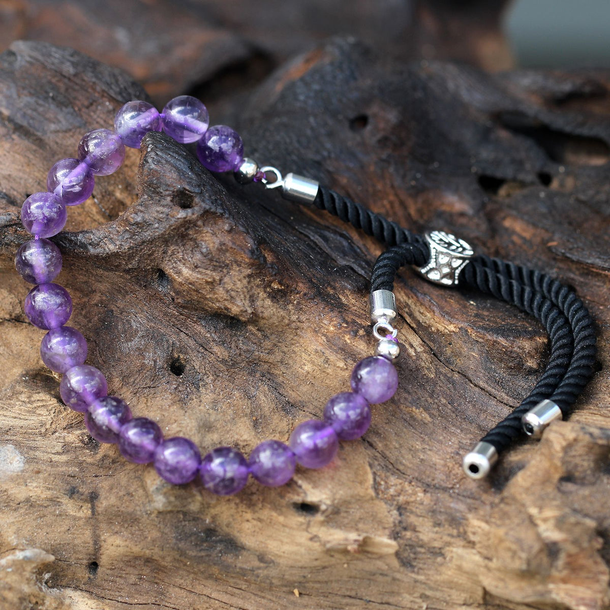 Bracciale con Cordino Nero e Gemma Placcato Argento 925 - Ametista