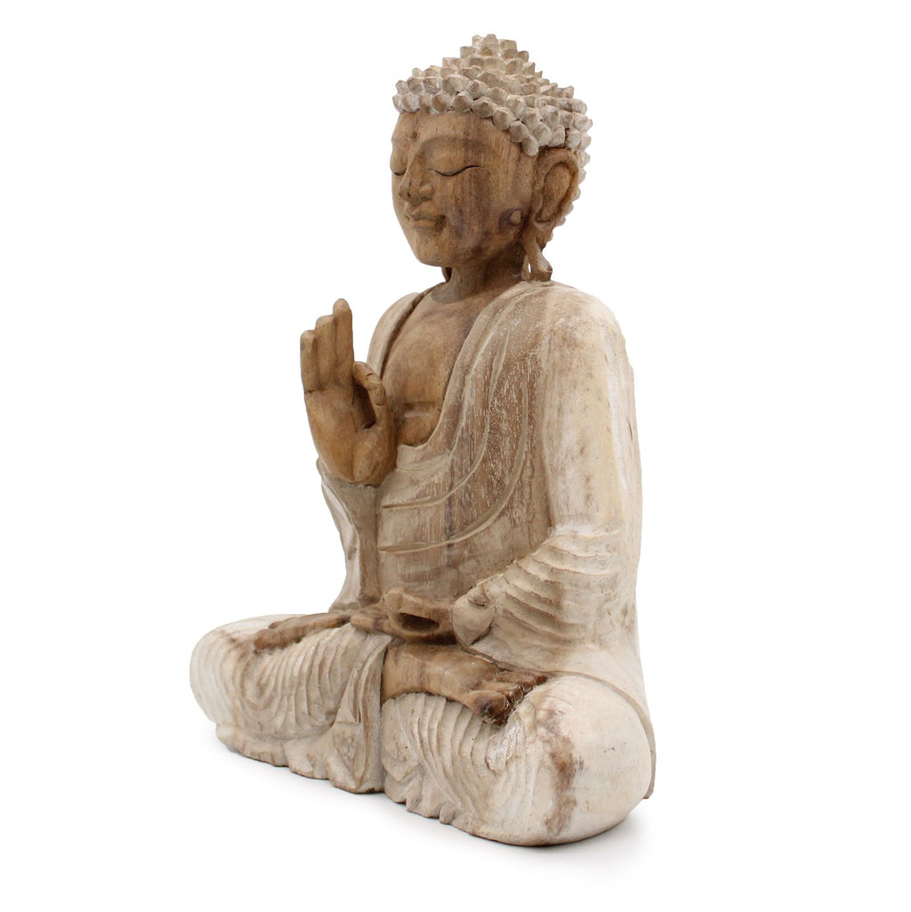 Statua Buddha Scolpita a Mano - 30cm Trasmissione dell'Insegnamento - Whitewash