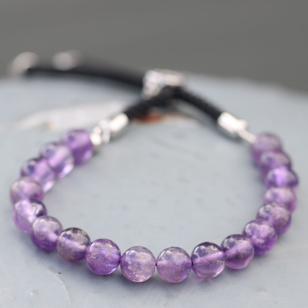 Bracciale con Cordino Nero e Gemma Placcato Argento 925 - Ametista