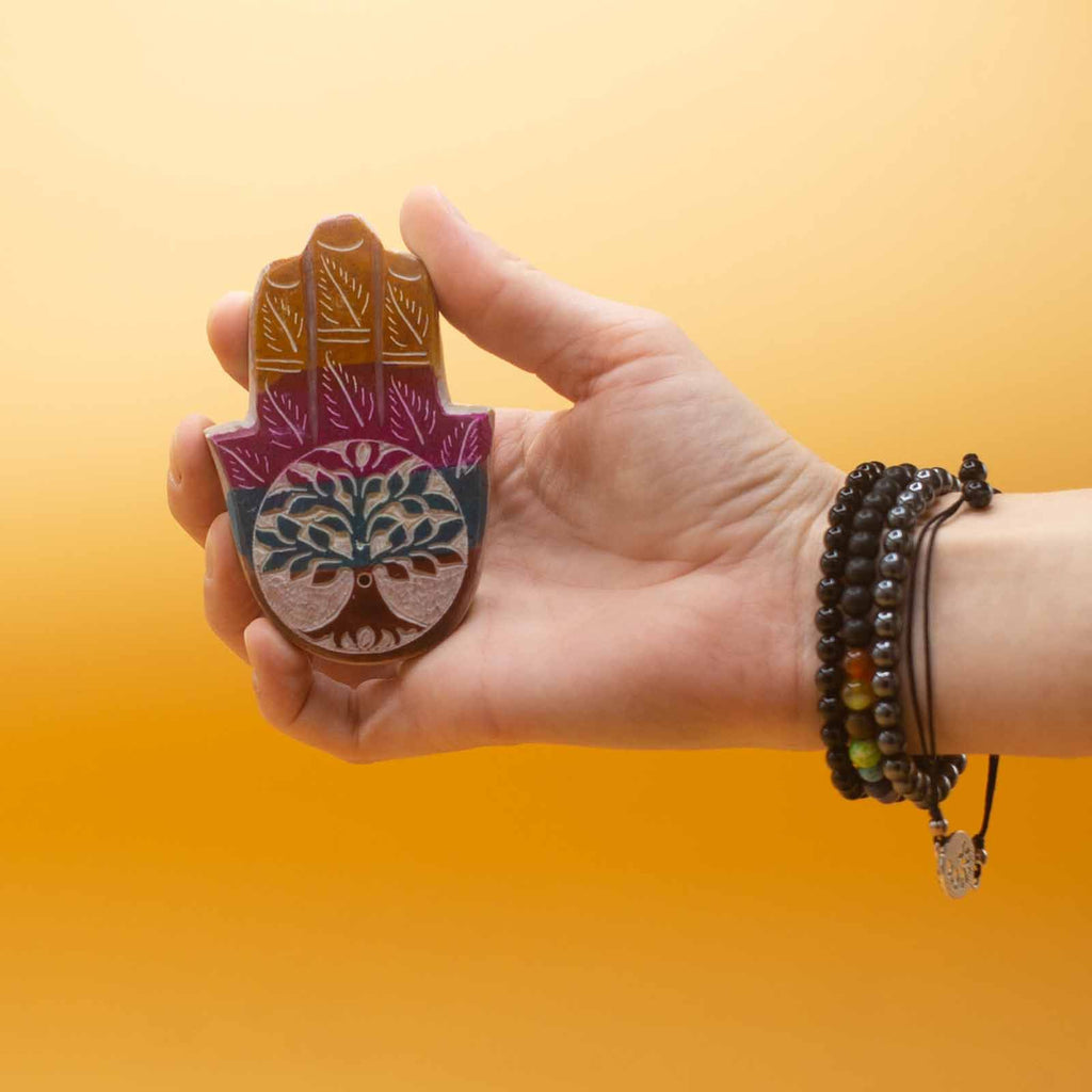 Portaincenso Hamsa in Pietra Saponaria - Albero della Vita, 9 x 6 cm