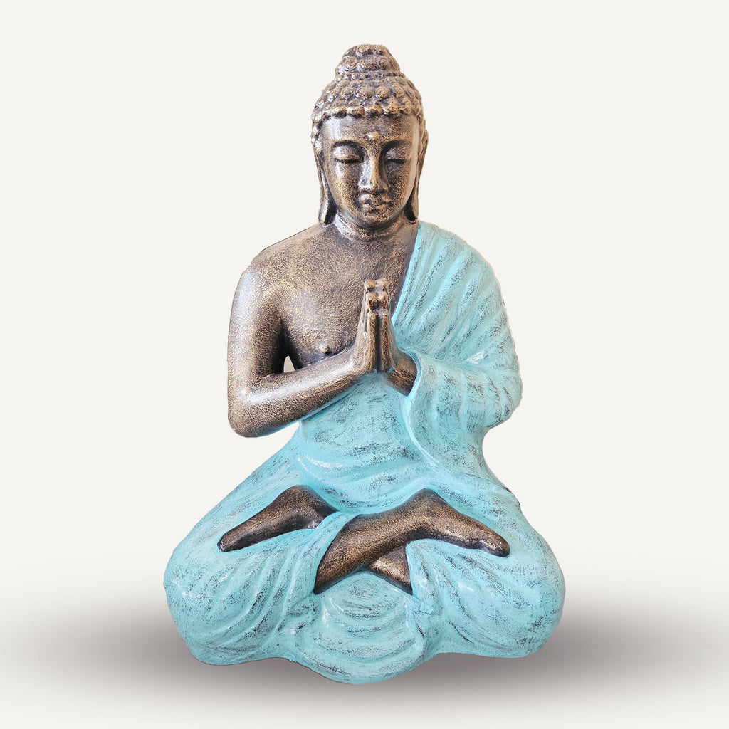 Statua Buddha in Preghiera Turchese e Oro Media-Grande - 1,2m