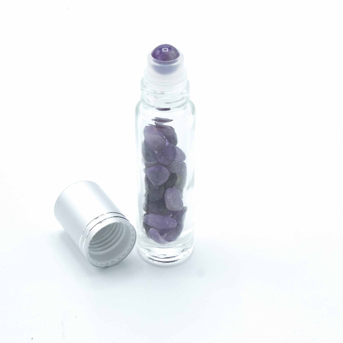 Flacone Roller per Oli Essenziali con Gemma - Ametista - Tappo Argento + Punta Roller in Gemma per Flacone 5ml