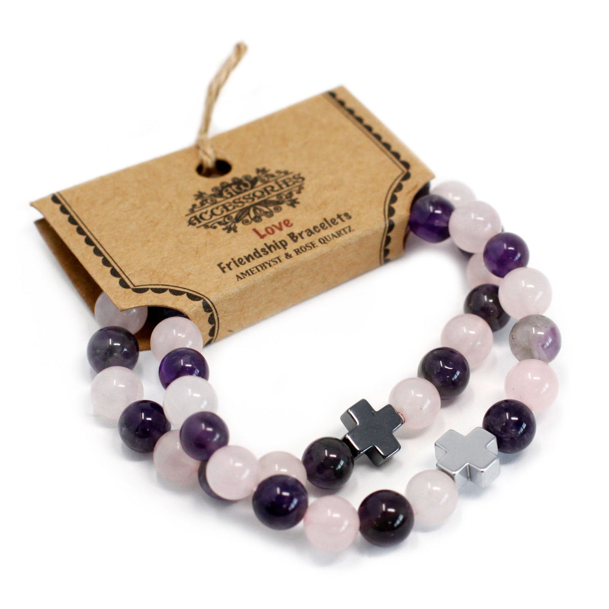 Set 2 Bracciali dell'Amicizia in Pietre Preziose - Amore - Ametista & Quarzo Rosa