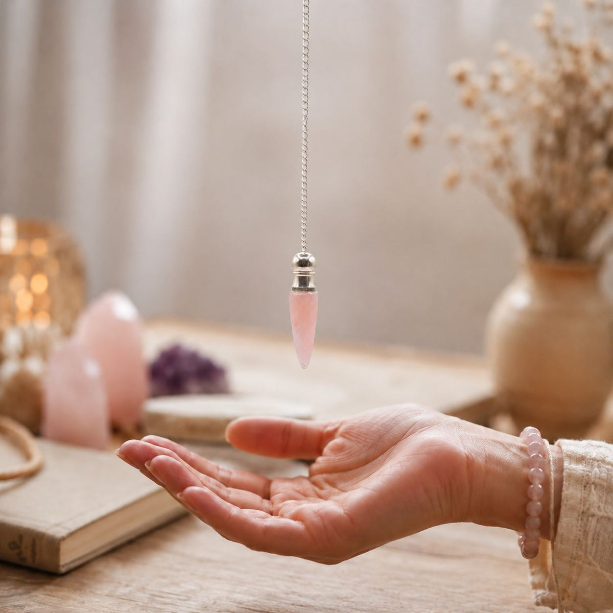 Pendolo della Scoperta della Verità con Cavità Segreta - Quarzo Rosa - Placcato Argento