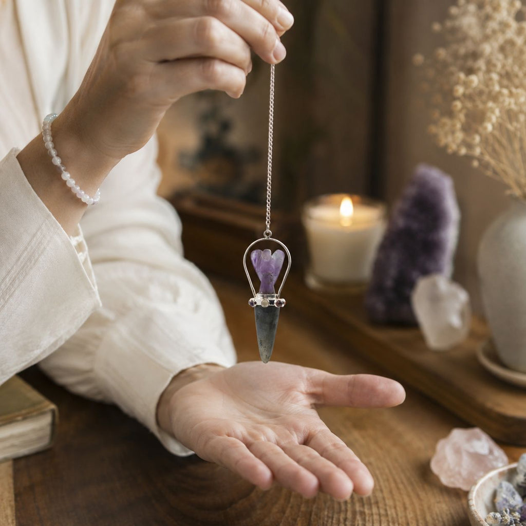 Veilwalker - Pendolo Angelo a Due Pezzi con Fascia Chakra - Labradorite e Ametista