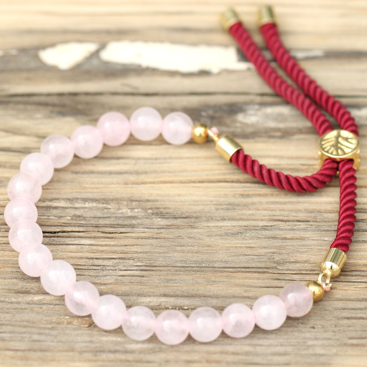 Bracciale con Cordino Bordeaux Placcato Oro 18K - Quarzo Rosa