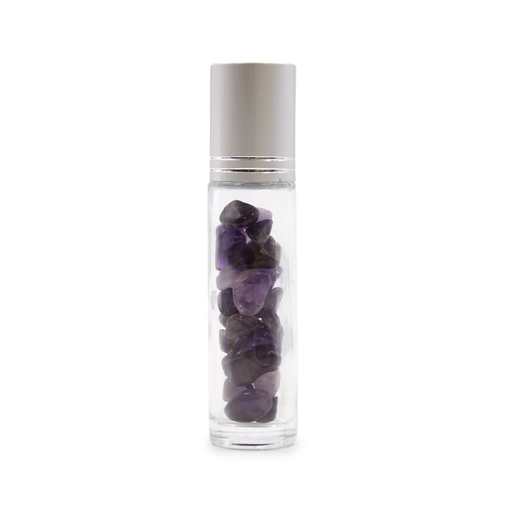 Flacone Roller per Oli Essenziali con Gemma - Ametista - Tappo Argento + Punta Roller in Gemma per Flacone 5ml