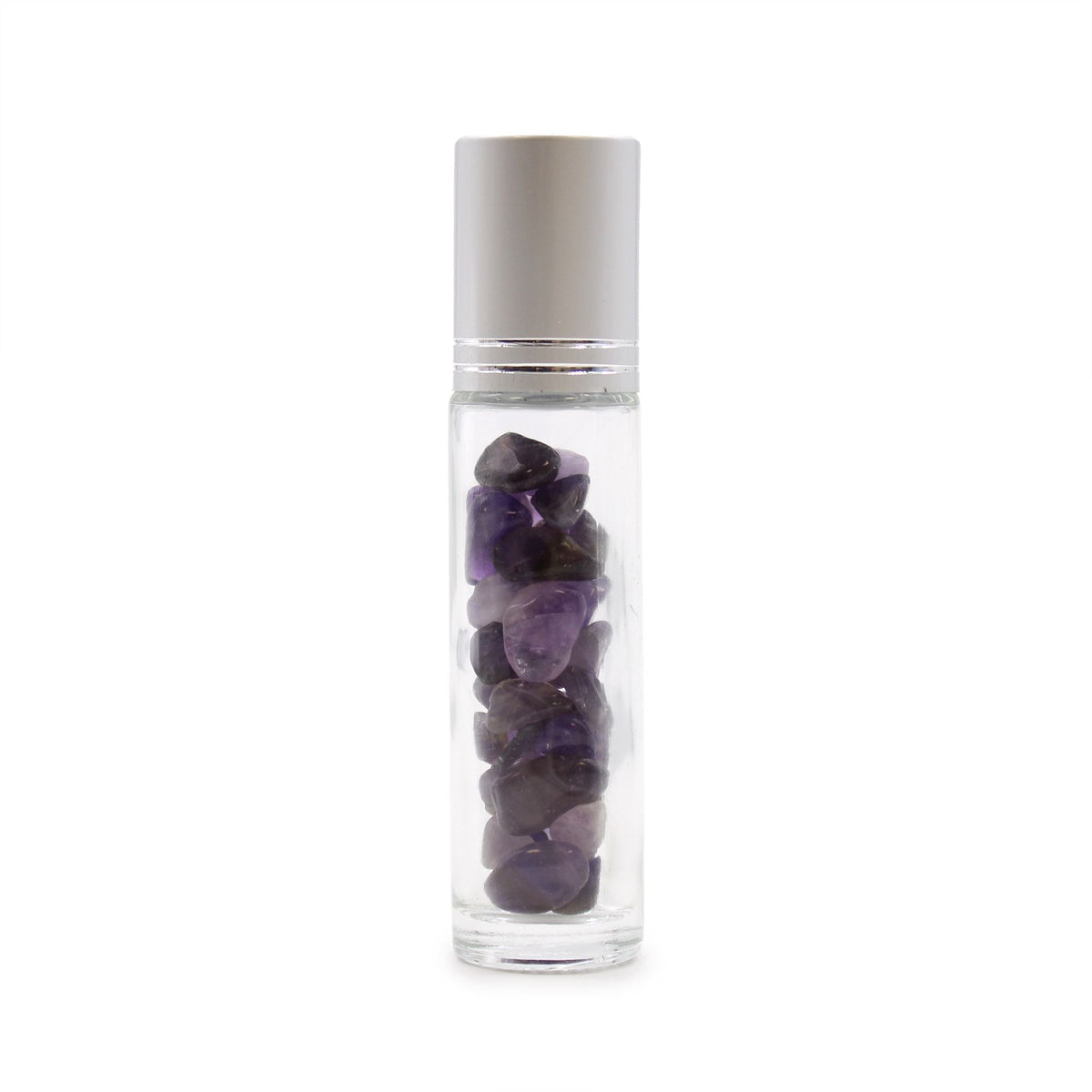 Flacone Roller per Oli Essenziali con Gemma - Ametista - Tappo Argento + Punta Roller in Gemma per Flacone 5ml