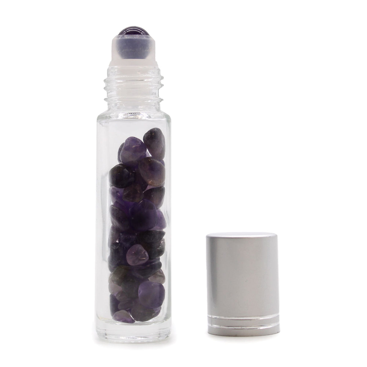 Flacone Roller per Oli Essenziali con Gemma - Ametista - Tappo Argento + Punta Roller in Gemma per Flacone 5ml