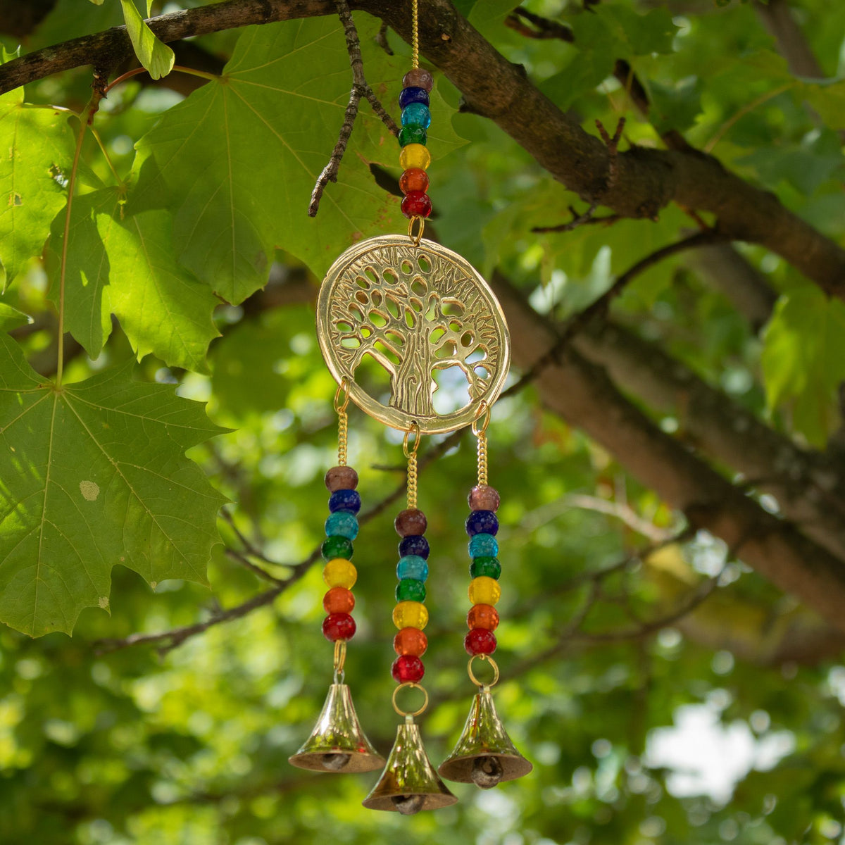 Campanelli Indiani - Albero della Vita in Ottone con Perle Chakra - 3 Campane - 6,5x31cm