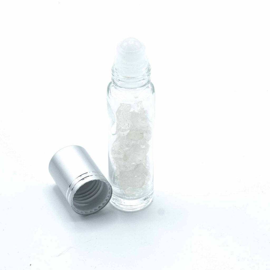 Flacone Roller per Oli Essenziali con Gemma - Quarzo di Rocca - Tappo Argento + Punta Roller in Gemma per Flacone 5ml