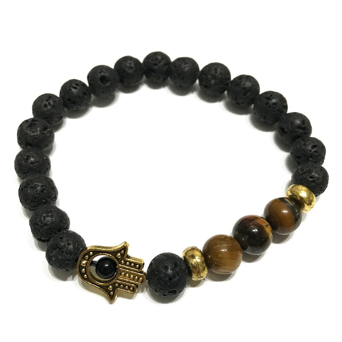 Bracciale in Pietra Lavica e Occhio di Tigre - Hamsa