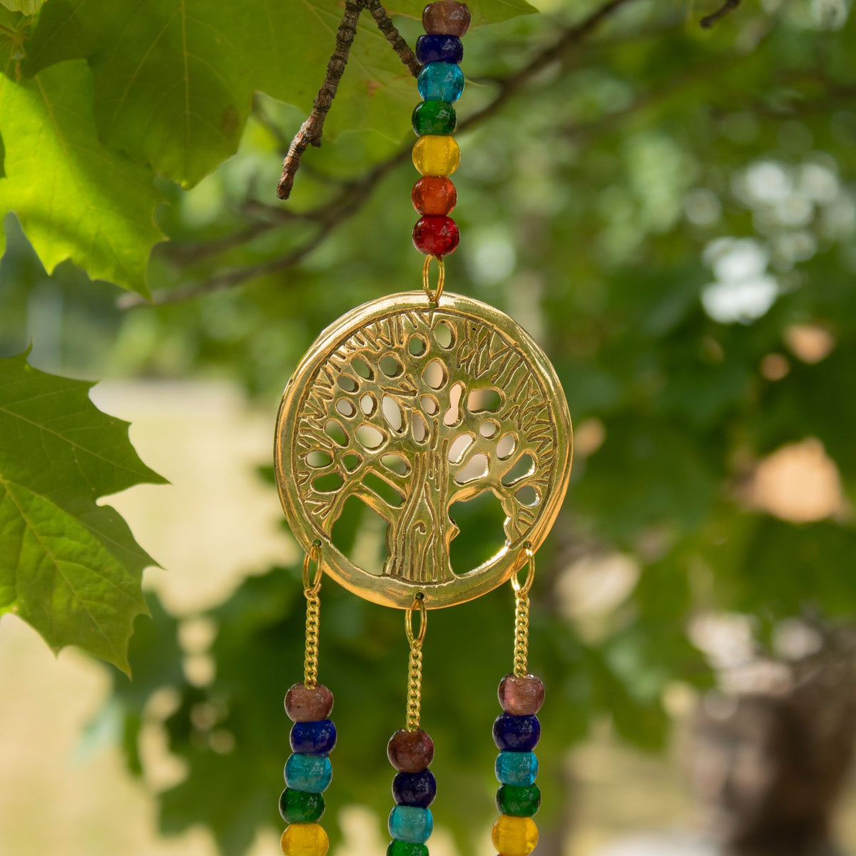 Campanelli Indiani - Albero della Vita in Ottone con Perle Chakra - 3 Campane - 6,5x31cm