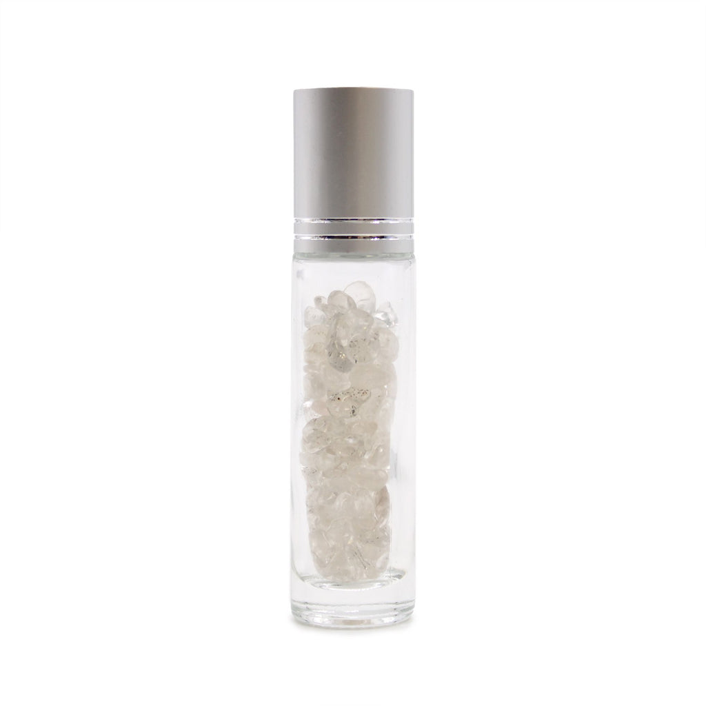 Flacone Roller per Oli Essenziali con Gemma - Quarzo di Rocca - Tappo Argento + Punta Roller in Gemma per Flacone 5ml