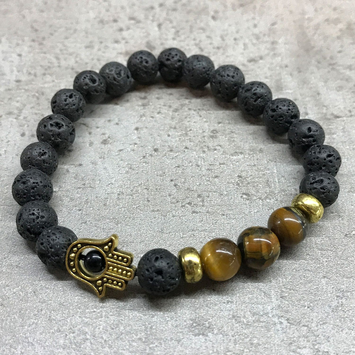 Bracciale in Pietra Lavica e Occhio di Tigre - Hamsa