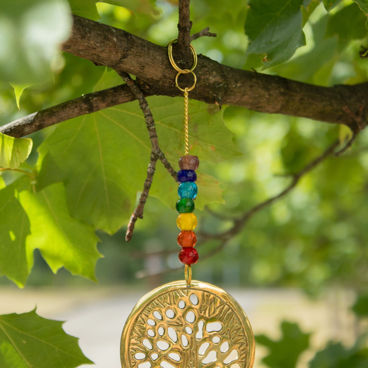 Campanelli Indiani - Albero della Vita in Ottone con Perle Chakra - 3 Campane - 6,5x31cm