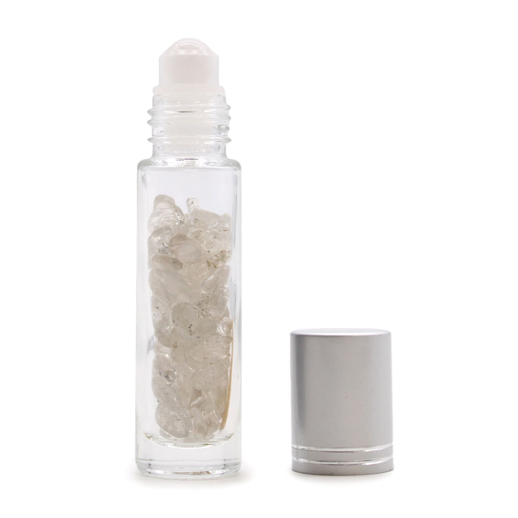 Flacone Roller per Oli Essenziali con Gemma - Quarzo di Rocca - Tappo Argento + Punta Roller in Gemma per Flacone 5ml