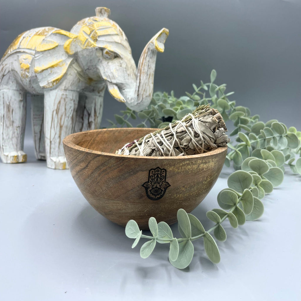 Ciotola in Legno per Smudge e Offerte Rituali - Hamsa - 14x7cm