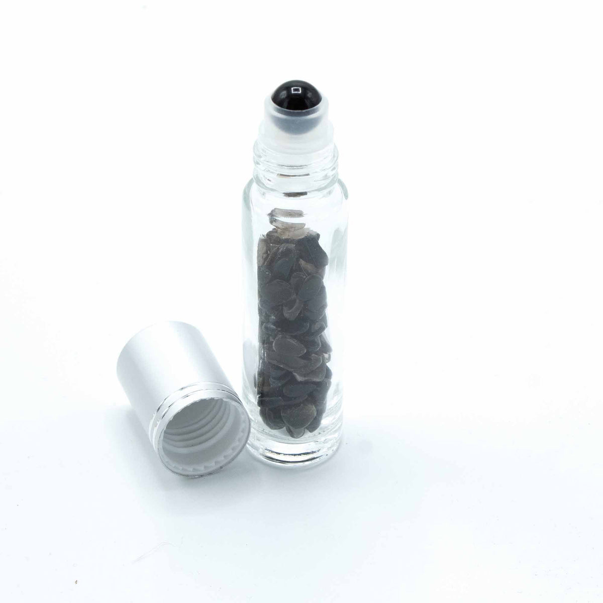 Flacone Roller per Oli Essenziali con Gemma - Tormalina Nera - Tappo Argento + Punta Roller in Gemma per Flacone 5ml