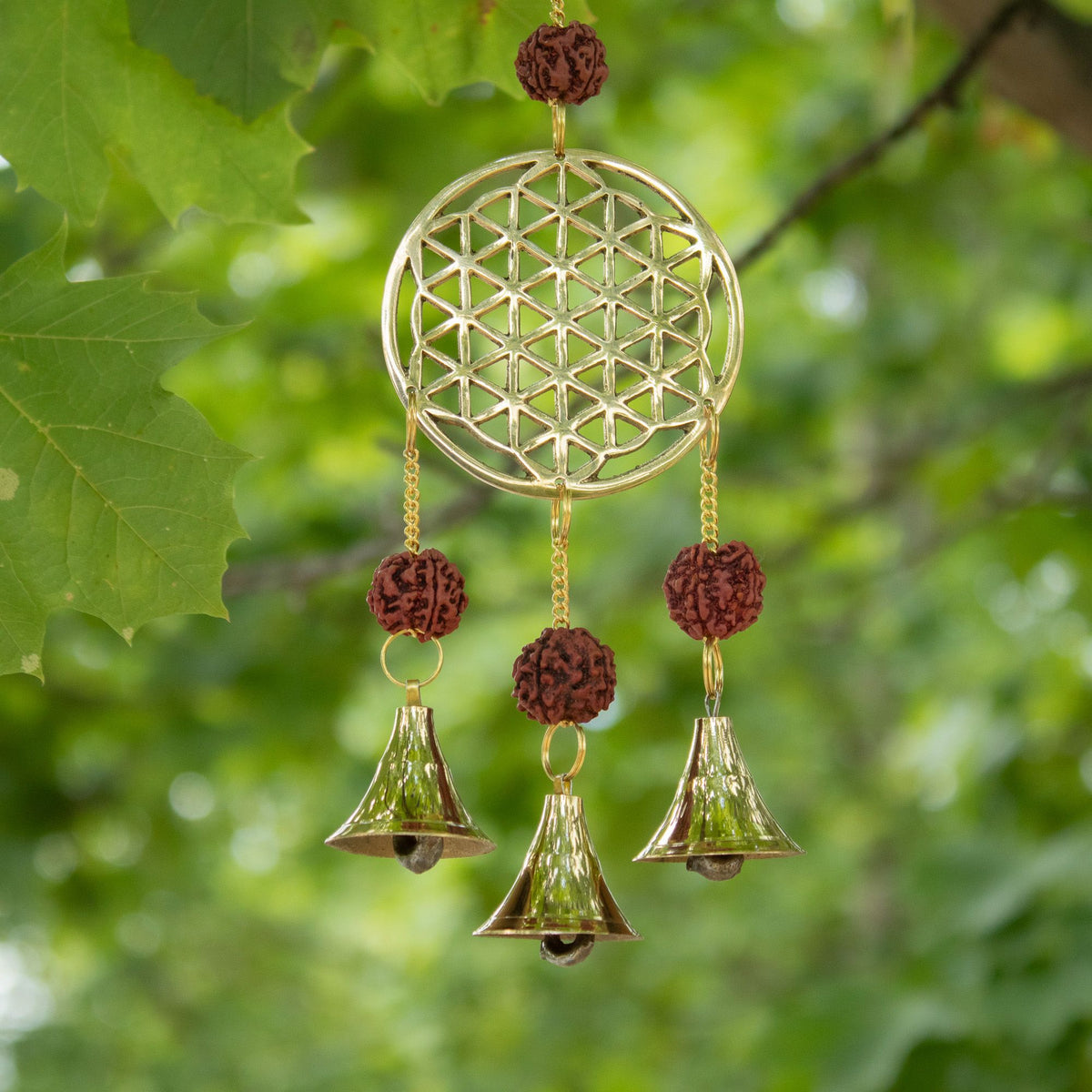Campanelli Indiani - Fiore della Vita in Ottone con Perle Rudraksha - 3 Campane - 6x27cm