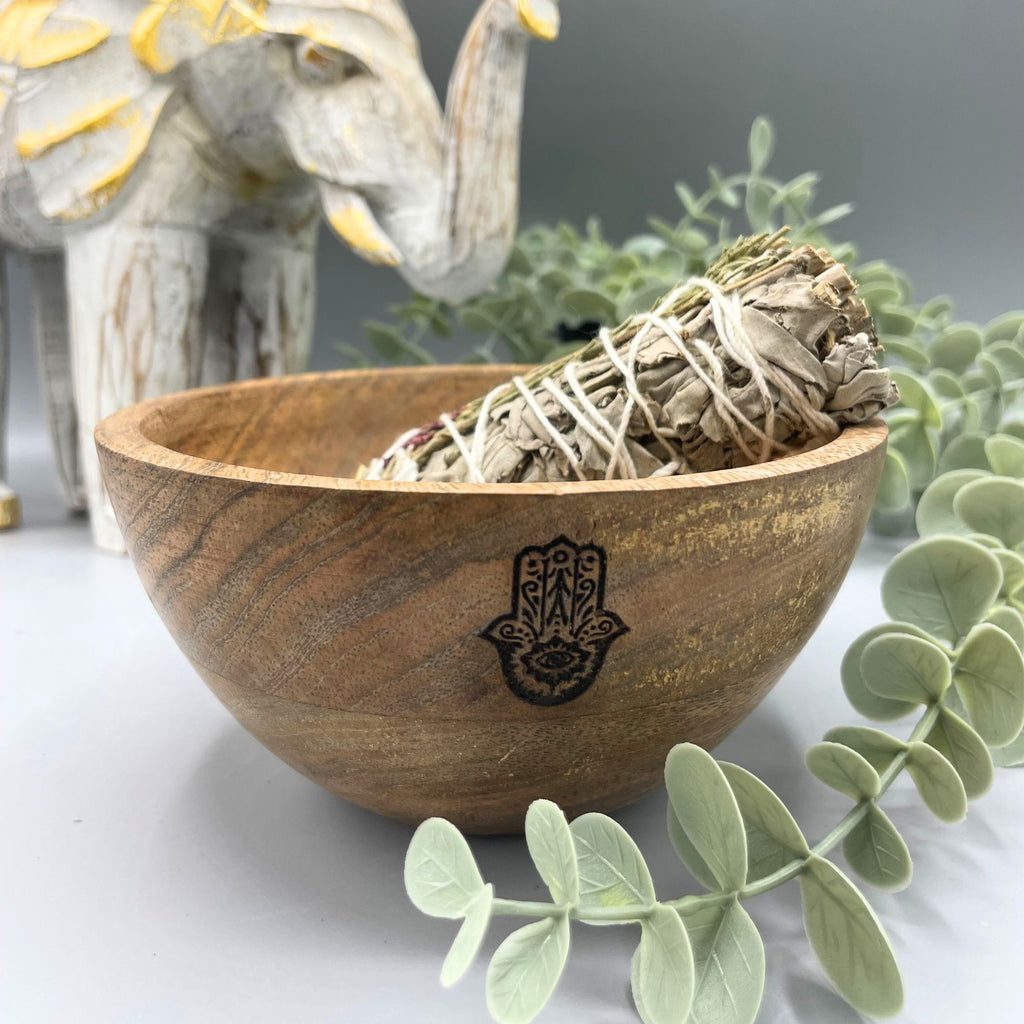 Ciotola in Legno per Smudge e Offerte Rituali - Hamsa - 14x7cm