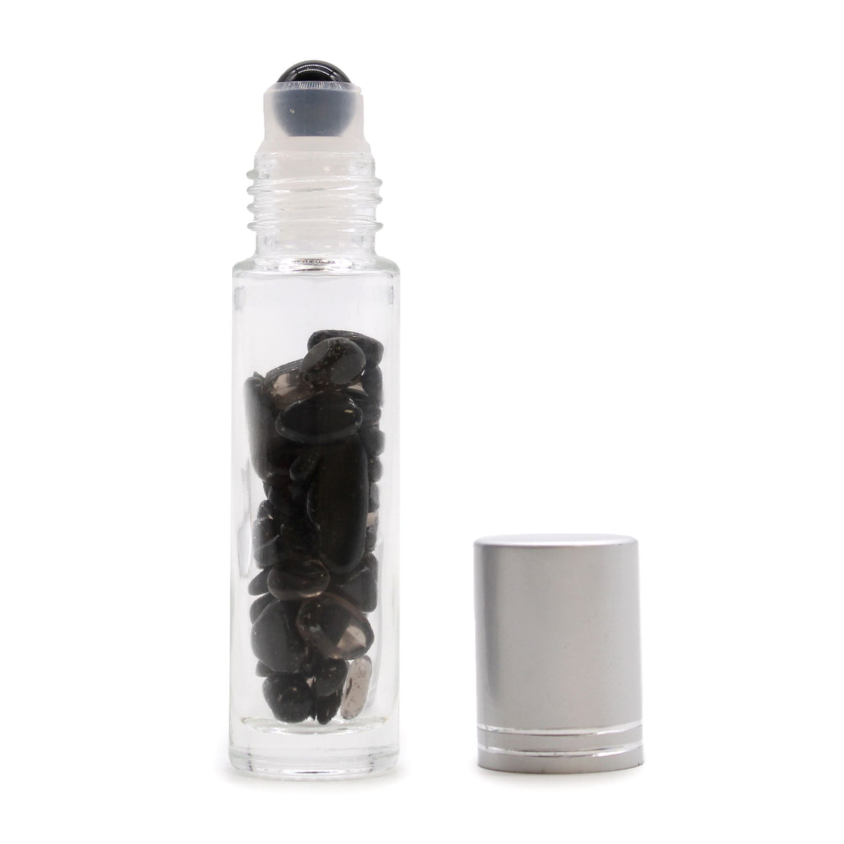 Flacone Roller per Oli Essenziali con Gemma - Tormalina Nera - Tappo Argento + Punta Roller in Gemma per Flacone 5ml