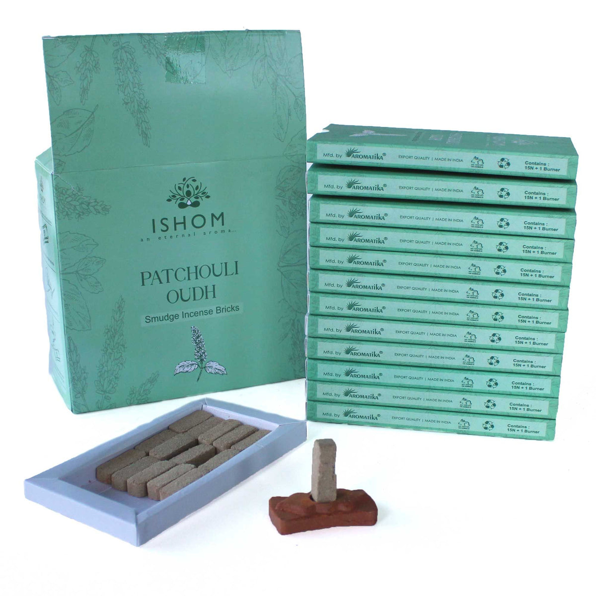 Confezione da 15 mattoncini di incenso in resina e bruciatore - Legno di patchouli