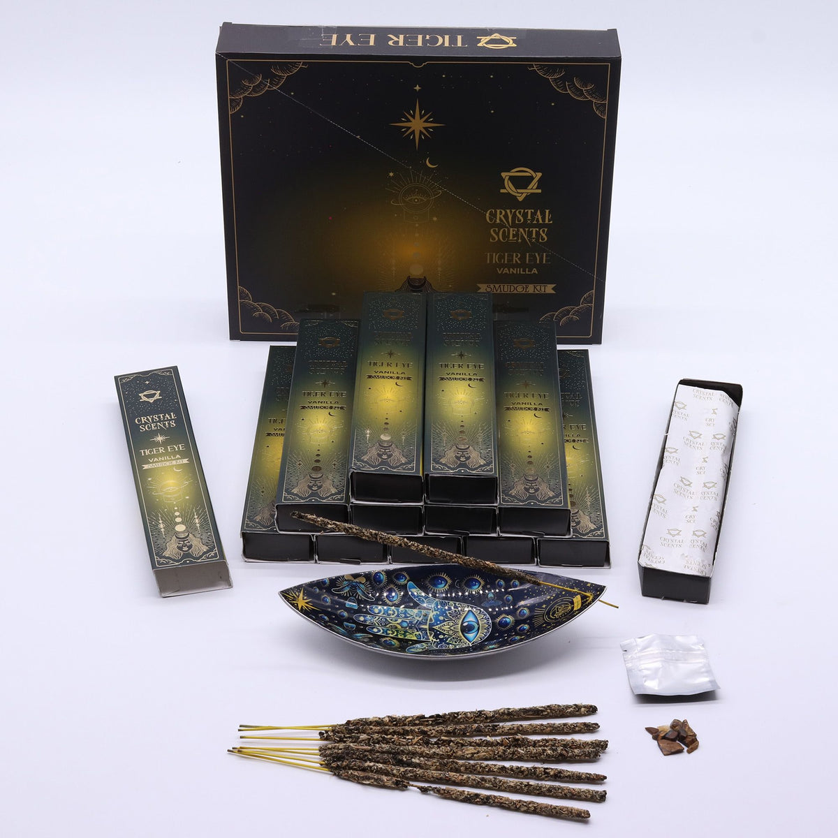 Incenso Crystal Scents con Occhio di Tigre - Vaniglia, 10 Bastoncini
