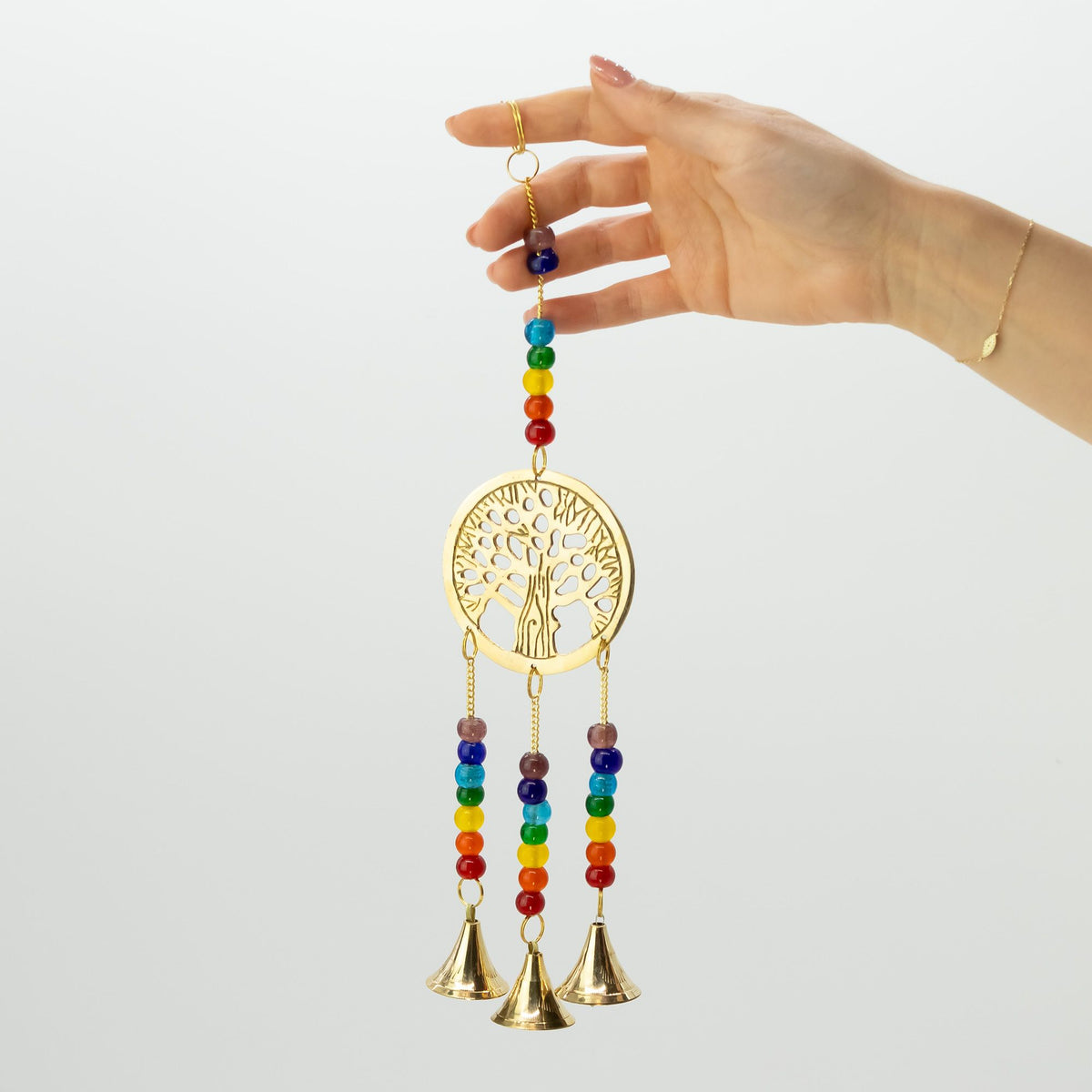 Campanelli Indiani - Albero della Vita in Ottone con Perle Chakra - 3 Campane - 6,5x31cm