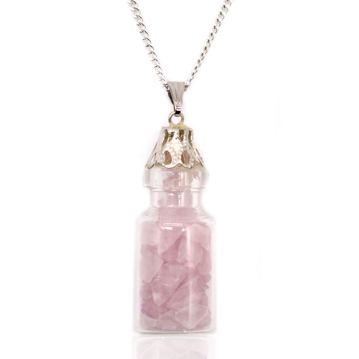 Collana con boccetta di quarzo rosa